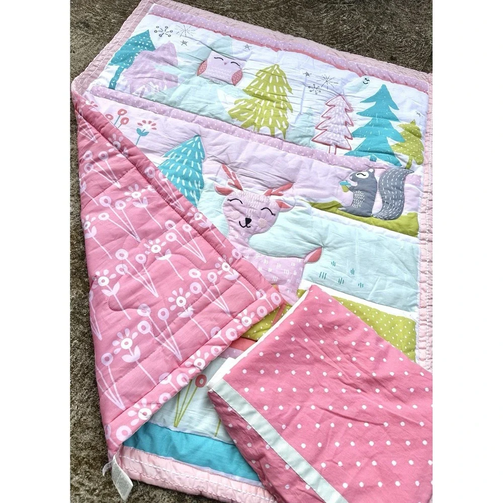 Cloud Island Woodland Theme Crib Quilt Coverlet, Pink & Multicolor